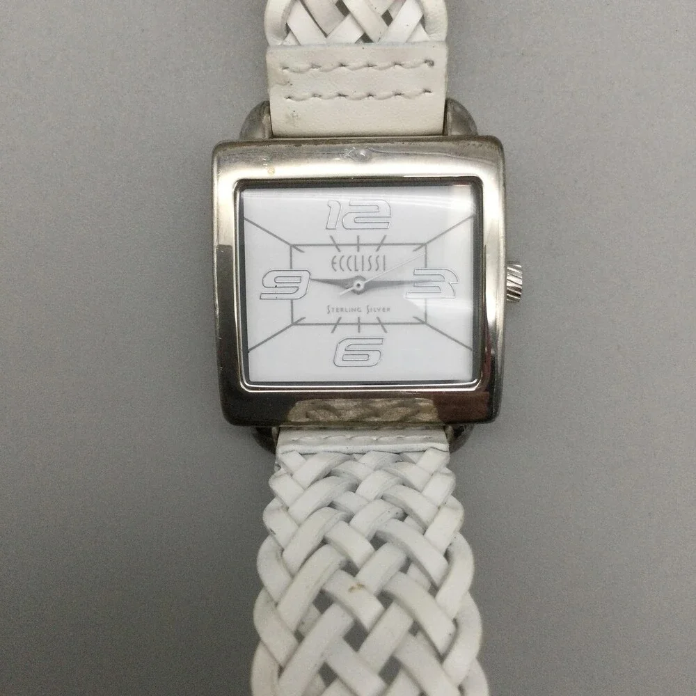 Ecclissi Womens Watch 30mm Sterling Silver White Leather Band 23285 New Battery